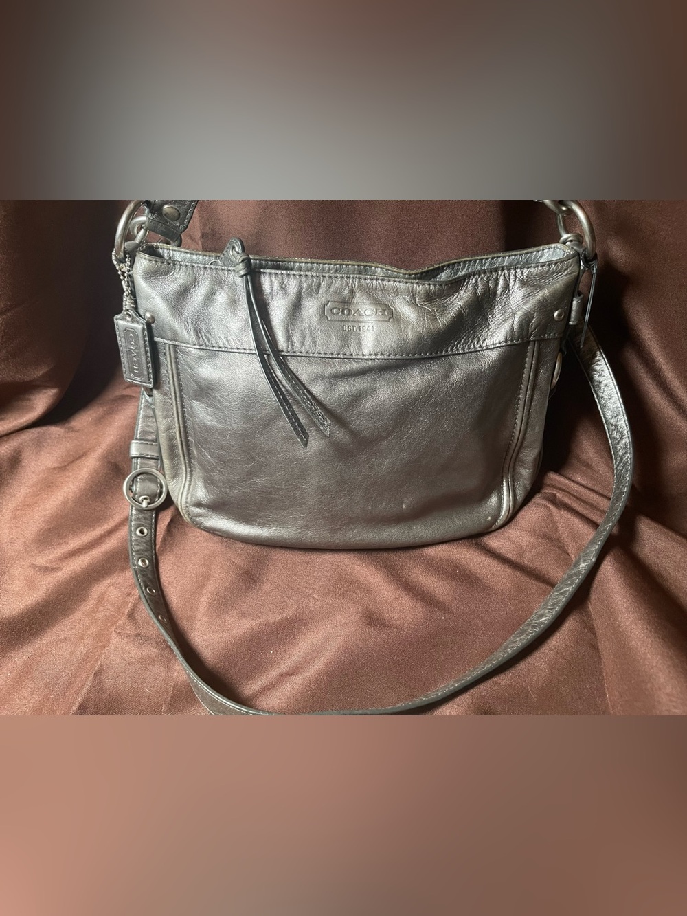 COACH Zoe Metallic Pewter Silver Leather Hobo Crossbody Bag F14707 Y2K